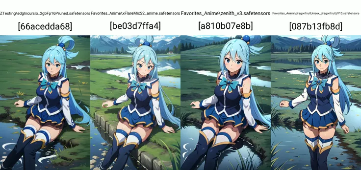 (masterpiece, best quality), intricate details,
1girl, <lora:Aqua_Konosuba:0.8> AquaKnsb-KJ , skirt , thighhighs, blue shirt , detached sleeves, thigh boots, bow,
water, reflections, puddle, grass, outdoors,