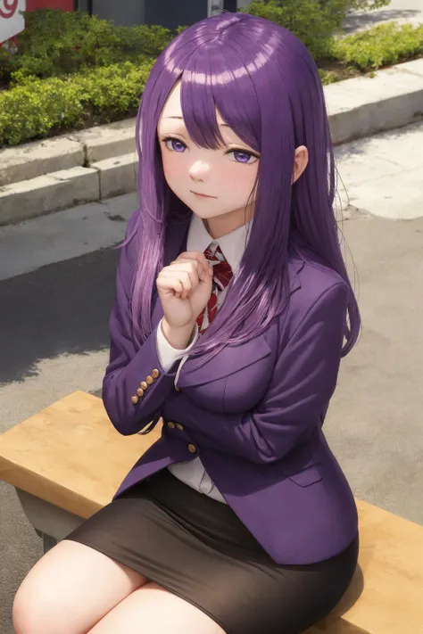 1girl, kubonagisa, purple eyes, purple hair, long hair, bangs, suit, pencil skirt, embarrassed, blush, sitting, city <lora:kubo:1>