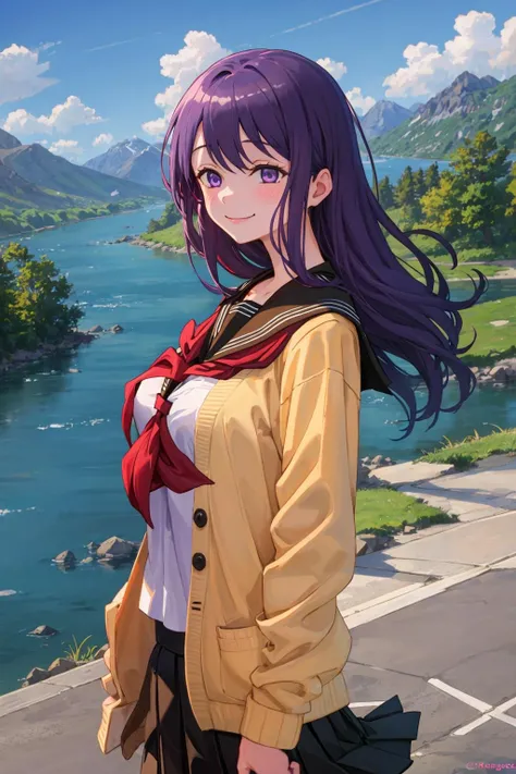 1girl, kubonagisa, purple eyes, purple hair, long hair, bangs, school uniform, cardigan, black skirt, red serafuku, smile, standing, mountain, river  <lora:kubo:1>