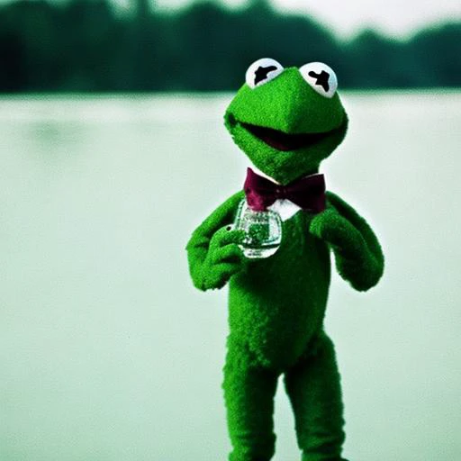 Kermit the Frog wearing a tuxedo, holding a glass of champagne, standing at the end of a dock on a lake, looking at a green light across the lake, still from a 1975 movie production of The Great Gatsby, night time, night, color photograph, film grain, fuzzy skin, muppet, puppet, green skin, <hypernet:muppet_10:0.5>