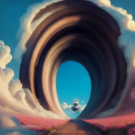cloudtunne,cloud, masterpiece, best quality, tunnel in sky, ship in tunnel