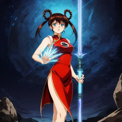 <lora:YohkoMano001:0.7>,<lora:add_detail:0.5>,<lora:noline:0.3>,<lora:boldline:-0.3>,
YohkoMano,1girl,solo,
hair rings,long twin tails,
aqua eyes,
china dress,sleeveless,
holding energy blades,aura,rock,wasteland,starry_sky,