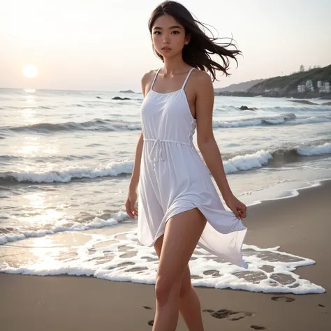 girl walking at sunset beach in white one-piece dress, breeze