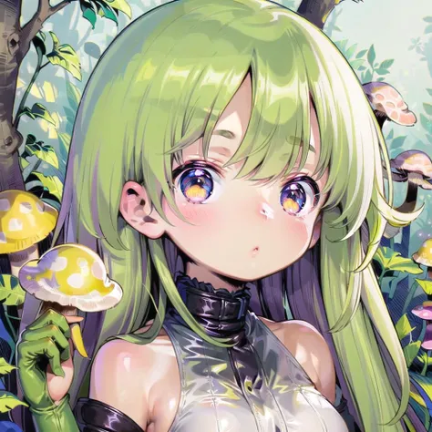 master, chief analog style, modelshoot style, ultra detailed, 1girl, mushrooms, chromatic aberration,  murasaki shion, glowing eyes, see-through, {forehead}, blunt bangs, sidelock, hair, blown hair, long hair, small breast, mushroom forest, night, luminous lighting, iridecent, glowing mushrooms, {{{glitch}}},{{{{{impasto}}}}}, glowforest, <lora:himehajime-10:.8>
