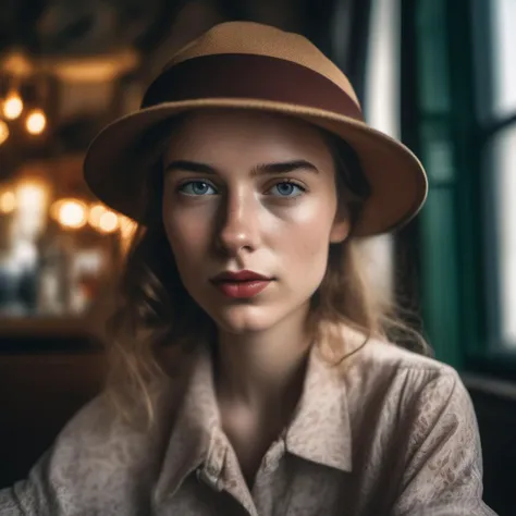 <lora:abbymanning_xl_lora:1> abbymanning a close up portrait photo of a beautiful 26 y.o woman in a paris cafe, wearing vintage clothing, moody, vines, organic, modern, (high detailed skin:1.2), 8k uhd, dslr, soft lighting, high quality, film grain, Fujifilm XT3