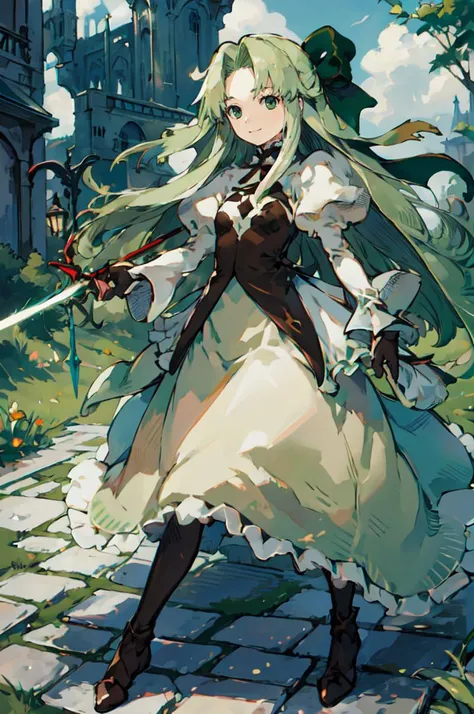 solo, light smile, <lora:RtPL-Fia:1> Fia_(riviera), green eyes, green dress, very long hair, long hair, bow, dress, frills, frilled dress, long sleeves, puffy sleeves, <lora:BravelyDefault:0.8> Bravely Default Style, rapier, stance,, ultra detailed, masterpiece, best quality,