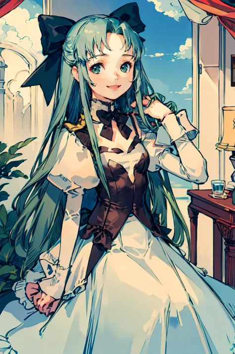 solo, light smile, <lora:RtPL-Fia:1> Fia_(riviera), green eyes, green dress, very long hair, long hair, bow, dress, frills, frilled dress, long sleeves, puffy sleeves, <lora:style3:1> style3, ultra detailed, masterpiece, best quality,