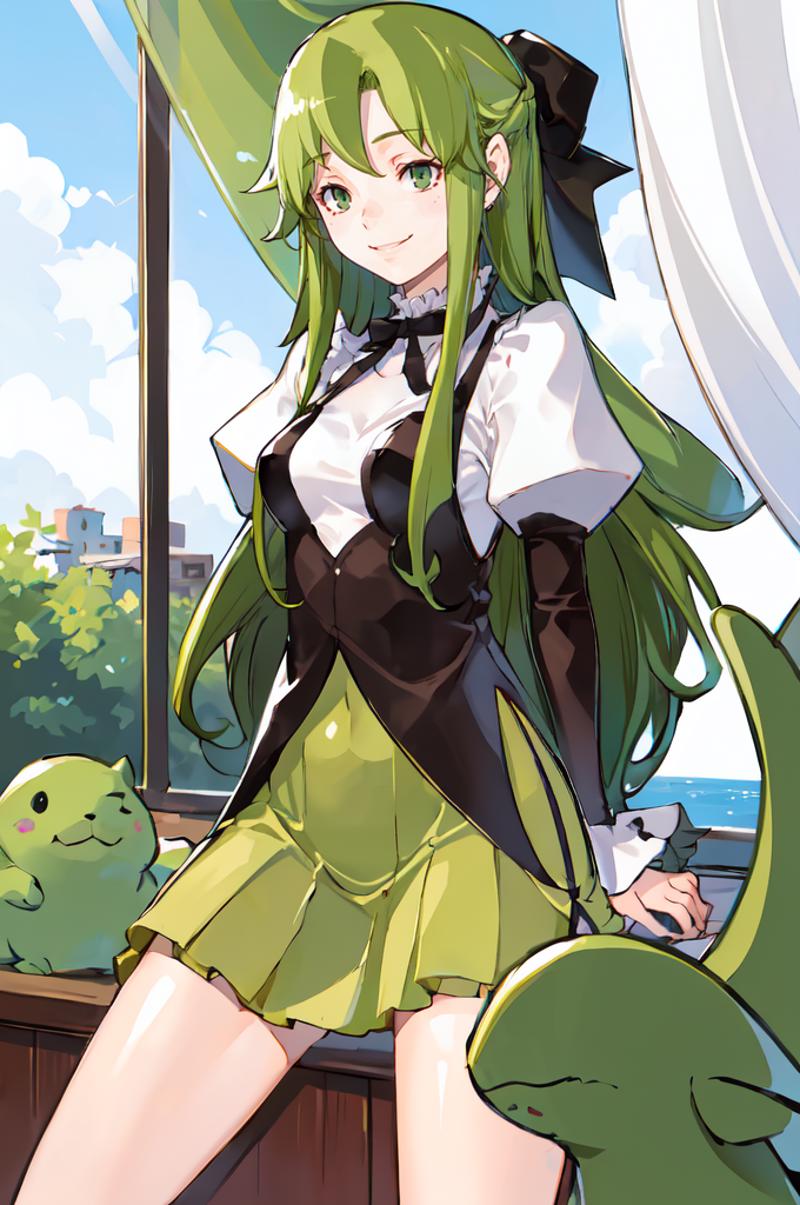 Anime girl with green hair and green eyes standing in front of a window ...