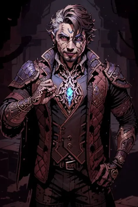 a mind - blowing portrait of a young shadow mage male, wearing a vest with diamond pattern, joyful, d & d, fantasy, intricate, elegant, highly detailed, digital painting, artstation, concept art, matte, sharp, illustration, hearthstone, art by artgerm and greg rutkowski and alphonse mucha <lora:DSD_V1:0.75>