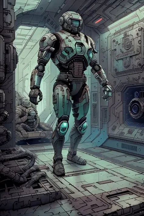 full body photo of a war android, inside industrial spaceship, futuristic science fiction, futuristic theme, muscular, industrial blue and green theme, action scene, digital concept art, realistic, intricate detailed textures, filmic, cinematic, environmental character portrait <lora:DSD_V1:0.7>