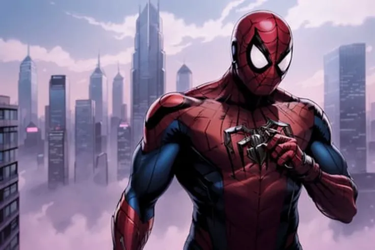 1man, very sharp portrait, spiderman, superhero pose, male focus, cityscape background, stunning background, volumetric light, muscular, fantasy background, ((masterpiece)) <lora:DSD_V1:0.7>