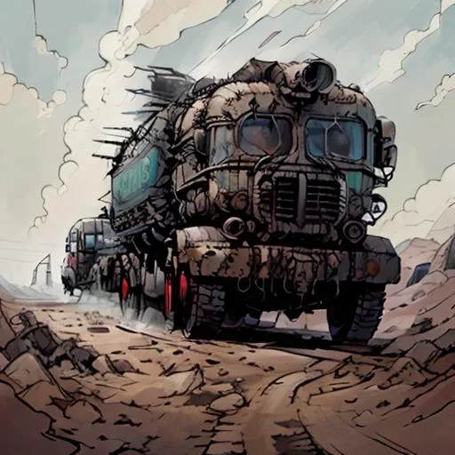 <lora:dieselpunk:1> front view of dieselpunk garbage truck on road <lora:DSD_V1:0.75>