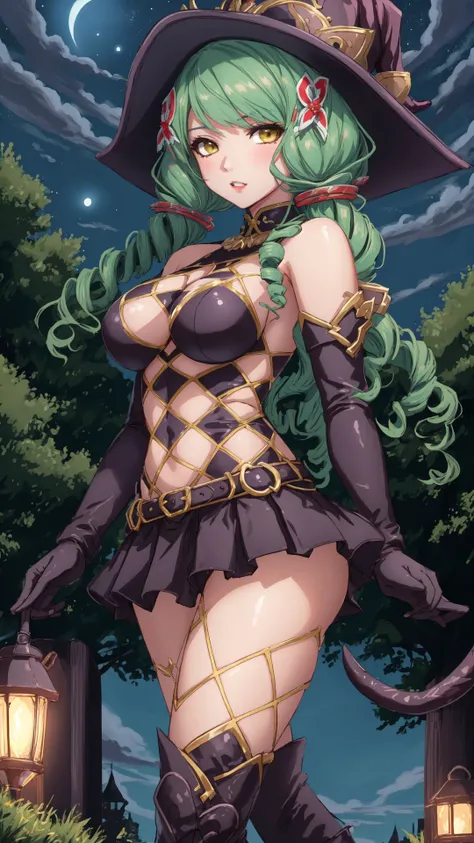 masterpiece, best quality,1girl, ((young girl)), ((large round magical green eyes)), shiny skin, (thin waist), (long curlly green hair), ((curvy)), ((wide hips)), ((hoop earrings)), ((small size)), hot, soft natural lighting, reflections, bright illuminations, deep dark black skin, full body, ((Utena Hiiragi costume)), ((star pasties)), pasties, navel, big boobs, lowleg pants