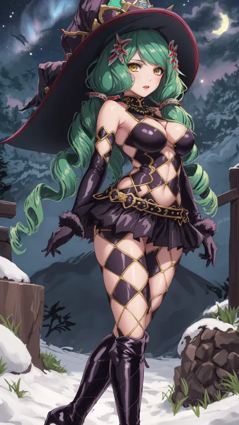 <lora:Fiore_Brunelli:0.8>,Fiore Brunelli,argyle,checkered,clothing cutout,drill hair,gloves,green hair,hat,long hair,microskirt,revealing clothes,ringlets,tail,thighhighs,twin drills,witch hat,thigh boots,high heel boots,night sky,outdoors,