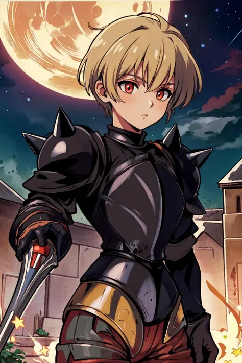 masterpiece, best quality, cartoon, thick outline, 1boy, solo, man, RamzaBeoulve <lora:RamzaBeoulveV1:0.85>, black armor, red pants,spikes,bronze greaves, intricate details,holding rapier, moon, church, starry sky