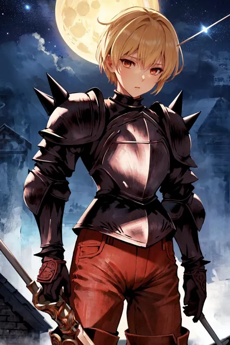 masterpiece, best quality, cartoon, thick outline, 1boy, solo, man, RamzaBeoulve <lora:RamzaBeoulveV1:0.85>, black armor, red pants,spikes,bronze greaves, intricate details,holding rapier, moon, church, starry sky
