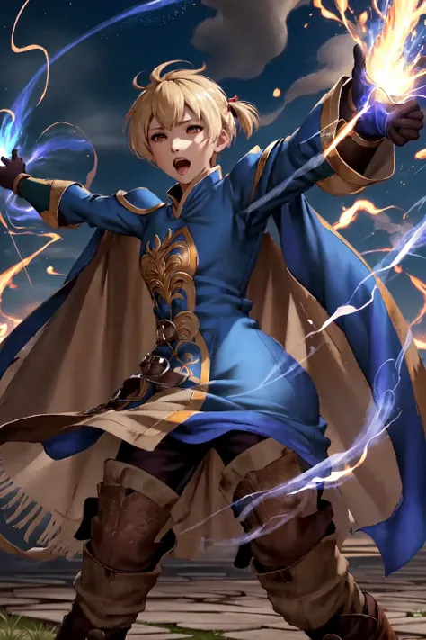 masterpiece, best quality, 1boy, solo, man,  RamzaBeoulve <lora:RamzaBeoulveV1:0.85>, blue tunic, cape, brown gloves, thigh boots,   intricate details, shouting, energy swirling, light explosion, aura, outstretched arms,