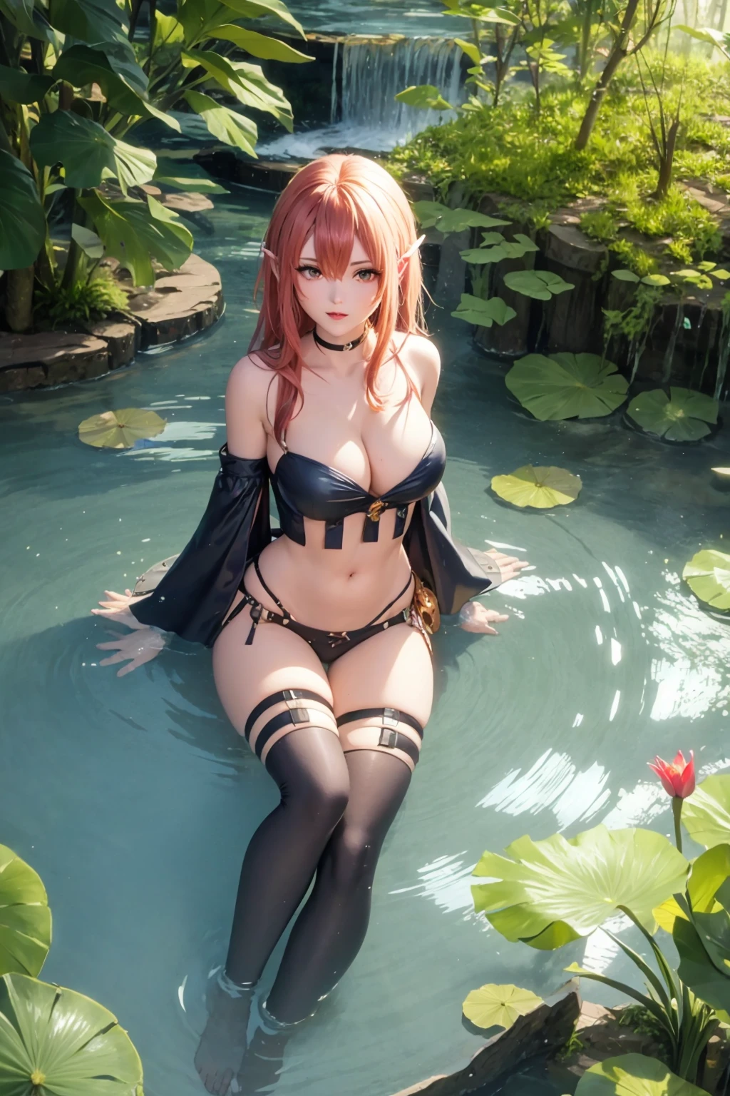 <lora:jak and daxter ashelin praxis:1> ashelin on a floating island, waterfalls, trees, pond, Lilly pads, full body, high detail, sharp focus