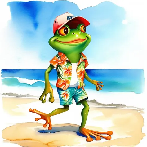 A watercolour painting of a smiling friendly frog cartoon character with a cap on dressed in Hawaiian shirt and broad shorts on a beautiful sunny day on walking alongside the seashore, painting, conceptual art, fashion