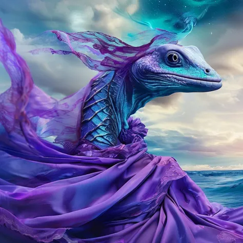 A stunning conceptual art piece showcasing a vibrant, fantastical magical sea creature. The creature, with a mix of both reptilian and aquatic features, has a mesmerizing iridescent blue and celestial purple color palette. It's adorned with elegant, flowing fabric, reminiscent of fashionable attire. The background is a magical, swirling combination of sky blue and celestial purple, creating a mesmerizing atmosphere. The image showcases a blend of fashion, fantasy, and art, evoking a sense of wonder and enchantment., conceptual art, photo, fashion, vibrant, painting, 3d render