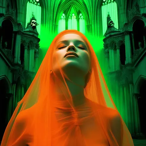 A striking supernatural portrait of a woman adorned in a sheer, glowing orange veil, her eyes closed in a trance-like state. Her serene expression exudes an aura of mystical calm. She stands in front of an ominous, ghostly cathedral, bathed in green light and populated by floating skulls and spectral figures. The haunting atmosphere combines mysticism and eeriness, creating an ethereal and captivating scene.