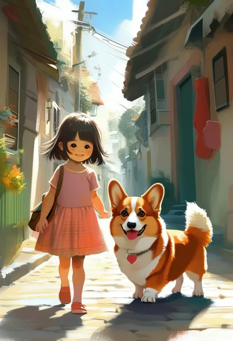 zoomed-midshot, (front view) insanely detailed illustration showcasing one cute *********** and her adorable corgi dog walking in a village street, focus on their face, detailed eyes, portrait, cartoonish vector style. Inspired by Loish and Makoto Shinkai. Art by Mschiffer, mix-media, soft colors, ultra-high resolution with sharp focus