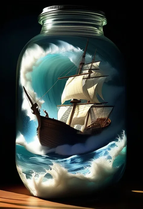 photograph featuring a tiny ship entirely contained within an enormous jar of swirling, turbulent water. The ship is caught in a fierce storm, with towering waves crashing violently around it. The transparent jar offers a glimpse of the ship's crew, who are seen frantically trying to maintain control in the chaotic environment. Rays of sunlight filter through the water, casting an enchanting, dreamlike quality to the scene