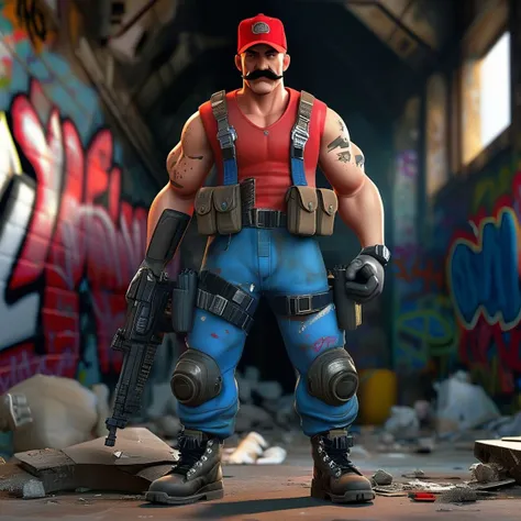 A high-quality, full-body render of a muscular male character in a graffitipunk setting. The character sports a mustache, a red cap, a red short-sleeved shirt, blue overalls with numerous pouches and straps, and black combat boots. He is standing in a heroic pose with clenched fists. The overalls feature added texture, darker blue shading around the inner thighs, and metal attachments. A gun is holstered to his right thigh, and he wears futuristic gloves. The background is a dark and blurred graffiti-laden ruins, with rubble and debris in the foreground, creating an atmosphere of dark fantasy and drawing focus to the vibrant character., cinematic, dark fantasy, graffiti