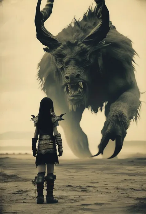 A captivating vintage-styled photo of a grungy, femme fatale warrior in a desolate wasteland. The young girl, dressed in Celtic-inspired armor, exudes an air of mystique and danger. She stands beside her massive, monstrous Wendigo beast, which has an eerie, almost supernatural presence. The background is a blend of Ukiyo-e and conceptual art, featuring a vivid, apocalyptic landscape that adds to the overall intensity of the scene., cinematic, ukiyo-e, conceptual art, vibrant, photo