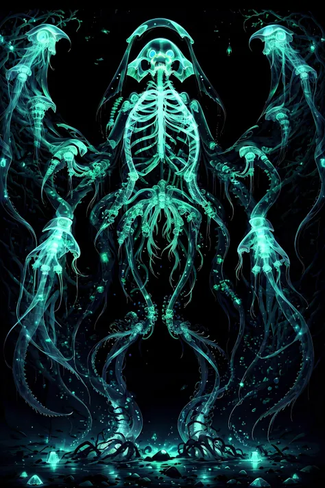 thin skin, transparent, X-ray art, masterpiece, luminous, high detailed, intricate, Cthulhu monster