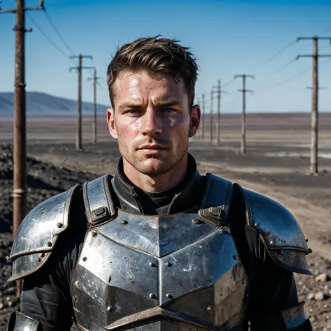 RAW photo, hero portrait of a ((male)) 30 year old warrior wearing a metal armor, he stands in an postapocalpytic wasteland with power poles, full sharp, detailed face, blue eyes, (high detailed skin:1.2), 8k uhd, dslr, soft lighting, high quality, film grain, Fujifilm XT3  <lora:polyhedron_energy-000006:0.5>
pale skin, skin pores, oiled shiny skin, skin blemish, imperfect skin, intricate skin details, visible skin detail, detailed skin texture, blush, wrinkles, vitiligo spots, moles, whiteheads, blackhead, white pimples, red pimples, beauty spot, skin fuzz, [[[[[freckles]]]]] (perfect eyes), ((perfect hands with four fingers and one thumb each))