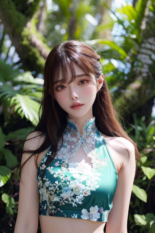 (otherworldly), highly insanely detailed, masterpiece, top quality, best quality, highres, 4k, 8k, RAW photo, (very aesthetic, beautiful and aesthetic), <lora:Arina_Hashimoto_kk:1>, 1girl, solo, looking at viewer, upper body, arina hashimoto, crop top, (fantasy world)âââ
