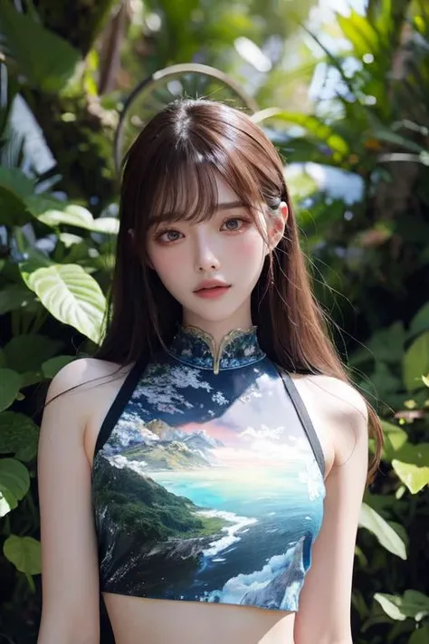 (otherworldly), highly insanely detailed, masterpiece, top quality, best quality, highres, 4k, 8k, RAW photo, (very aesthetic, beautiful and aesthetic), <lora:Arina_Hashimoto_kk:0.8>, 1girl, solo, looking at viewer, upper body, arina hashimoto, crop top, (fantasy world)âââ