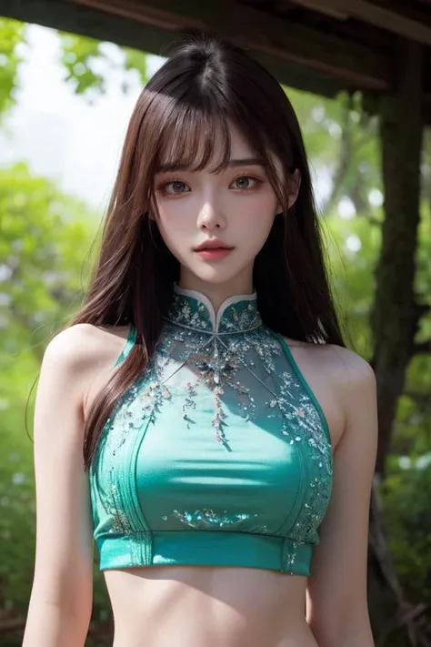 (otherworldly), highly insanely detailed, masterpiece, top quality, best quality, highres, 4k, 8k, RAW photo, (very aesthetic, beautiful and aesthetic), <lora:Arina_Hashimoto_kk:0.6>, 1girl, solo, looking at viewer, upper body, arina hashimoto, crop top, (fantasy world)âââ