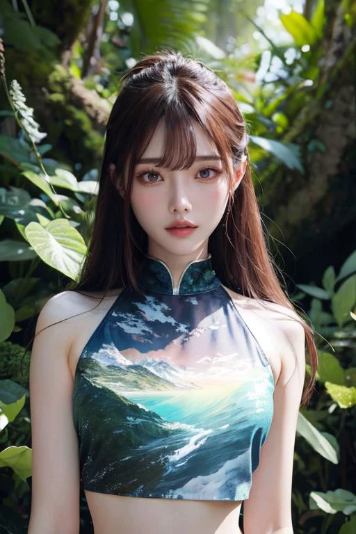(otherworldly), highly insanely detailed, masterpiece, top quality, best quality, highres, 4k, 8k, RAW photo, (very aesthetic, beautiful and aesthetic), <lora:Arina_Hashimoto_kk:0.7>, 1girl, solo, looking at viewer, upper body, arina hashimoto, crop top, (fantasy world)âââ