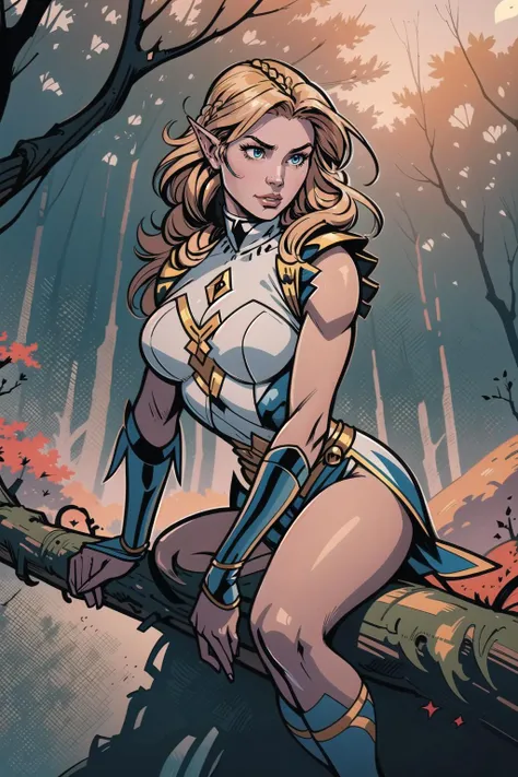 (masterpiece, best_quality, ultra-detailed, immaculate:1.3), epic, illustration, elf desert dervish lord villainess, armor, pauldrons, dark yellow hair, swept bangs,Lemonade Braids, leaning forward, on a mid-century, pleasant tree branch, in an harrowing, silent autumn forest, bombshell hair, light peach hair with blue highlights, Fringe Cut,hair bobbles, head down <lora:EnvyCuteMix03:1>