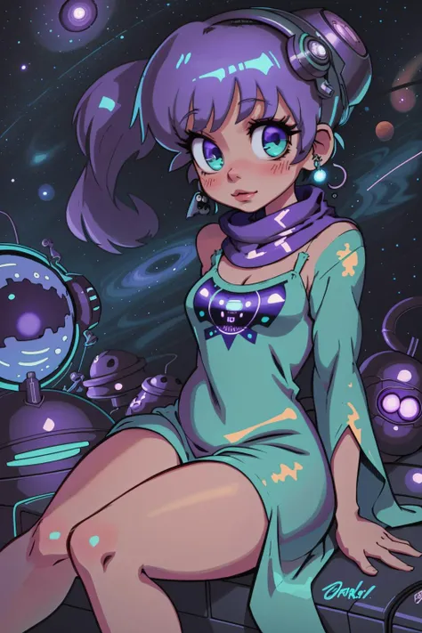 (masterpiece), (best_quality), (ultra-detailed), (illustration), (welcoming), depth of field, 1girl, (space servitor:1.3), (in a infernal, Norwegian garage:1.3), full body, purple hair, short hair,side ponytail, lipstick, long eyelashes, (blush:1.3), , bright aqua eyes, [:casual costume design:0.2], lying down,scarf, narrow waist, tall, athletic thicc perfect hourglass figure,(muscular:0.6), , (nightgown:1.2), (asian:1.3), official art, vivid color, finely detailed, hyper detailed, 8k, high resolution illustration, absurdres, intricate detail, (happy, (smile:0.4):0.8), bombshell pinup<lora:EnvyCuteMix03:1><lora:bombshell:0.8>
