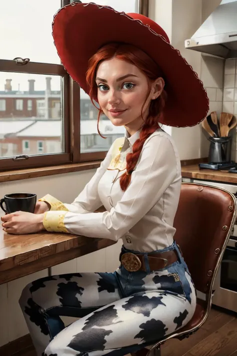 JessieWaifu, red hair, single braid, cowboy hat, shirt, animal print pants, belt, looking at viewer, serious, smirk, sitting, on chair, inside a cozy kitchen, table, coffee mug, soft lighting, high quality, masterpiece, <lora:JessieTS_character:.7>