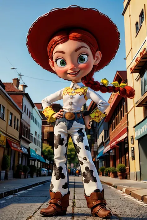 JessieWaifu, red hair, single braid, cowboy hat, boots, looking at viewer, smiling, standing, full body shot, outside, city, street, blue sky, high quality, masterpiece, nude body, skinny body, pussy, ass,