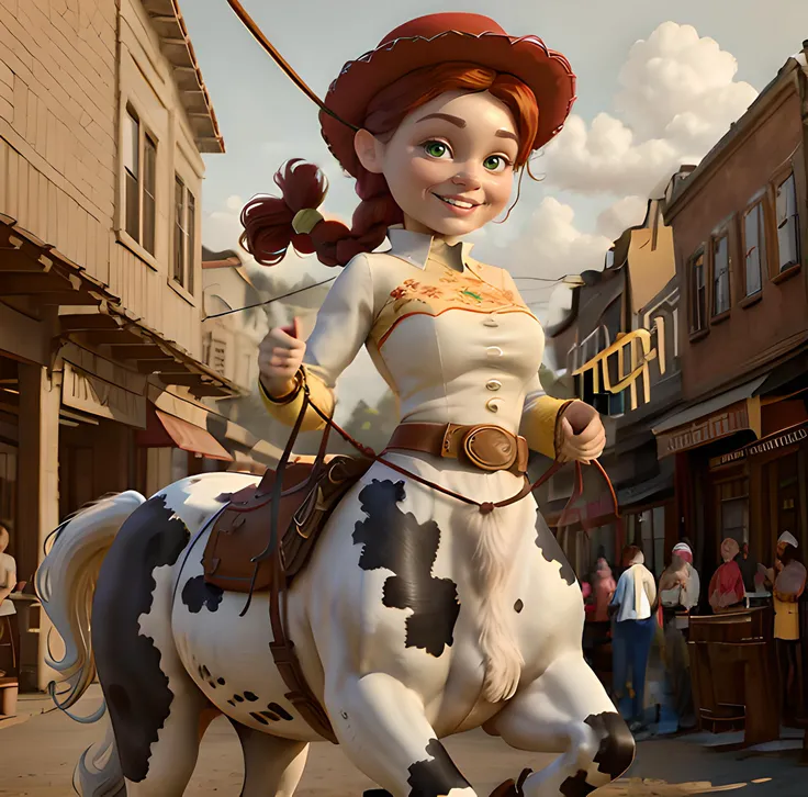 masterpiece, 8k, perfect ligthing, adult, female, as a cow centaur, simple smooth centaur, looking at viewer, cinematic lighting, golden hour, Jessie, (JessieWaifu:1.1), (single braid), hat, shirt, belt, trapped, green eyes, smiling, at an old west town, wild west, ghost town, running, galloping, holding a lasso, <lora:JessieTS_character-20:0.6>, <lora:RSERomantic_RSESofiko_RSEEmma-v1:0.3>, <hypernet:empty:0.5>, <lora:centaurConcept_centaurConcept:0.7>, <lora:FawnFromTinkerbellMovie_v10:0.3>