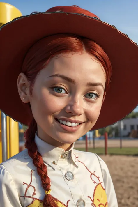 JessieWaifu, red hair, single braid, cowboy hat, shirt, looking at viewer, smiling, close up portrait, outside, playground, sunny, high quality, masterpiece, <lora:JessieTS_character:.7>