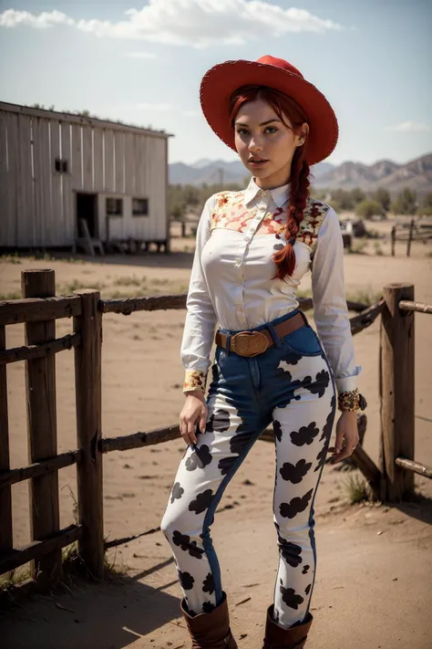 photo of a beautiful woman, (skinny:1.2), fit, detailed hair, detailed face, beautiful eyes,
((hat, shirt, animal print pants, boots, belt)), (red hair, single braid),
(blurred wild west background), (standing sexy pose), (view of front),
erotic, elegant, sensual, seductive, (masterpiece, best quality), (photorealistic:1.4), full body, perfect illumination, (best shadow),
jessiewaifu, <lora:JessieTS_character:0.7>