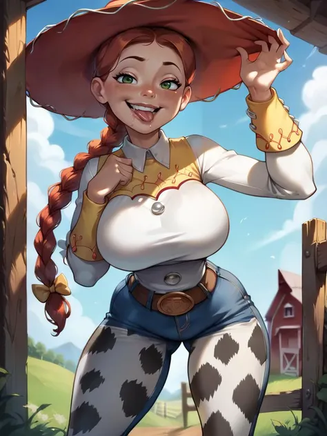 score_9, score_8_up, score_7_up, score_6_up, JessieXLP in all fours leaning forward, evil smile, naughty face, tongue out, saliva, hat, red hair, braid, bow, belt, animal print, cow print, pants, boots,huge breasts, narrow waist, wide hips, thick thighs, looking at viewer, cowboy shot, cartoon, dynamic pose, smile, cute, wide shot, solo, farm, disney, from below,
 <lora:JessieXLP_character:1>  <lora:Realistic_2.5DAnime_Merge1:0.45>