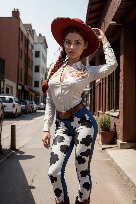 photo of a beautiful woman, (skinny:1.2), fit, detailed hair, detailed face, beautiful eyes,
((hat, shirt, animal print pants, boots, belt)), (red hair, single braid),
(blurred wild west background), (standing sexy pose), (view of front),
erotic, elegant, sensual, seductive, (masterpiece, best quality), (photorealistic:1.4), full body, perfect illumination, (best shadow),
jessiewaifu, <lora:JessieTS_character:0.7>