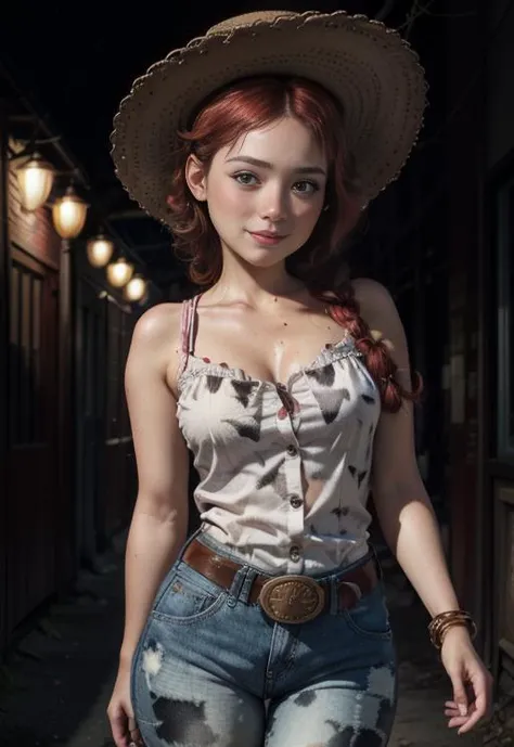 (JessieWaifu:1.5), woman, upper body, portrait, absurdres,,  detailed light,very detailed eyes, best quality, beautiful face, ultra detailed, highres, ,best quality,((shortstack:1.6)), very long hair, 
1girl, (small round breasts:1.4),  beautiful,  , ( curvy:1.7), (wide hips:1.3),  , solo,  ((shortstack:1.6)),(skindentation:1.7), skintight, (long hair:1.4),
, (blush:1.5), looking at viewer,  shiny skin,  blond hair, smirk, seductive,thigh gap,
face focus,
single braid, (hat, shirt, animal print pants, belt), red hair, traditional western wear, cowgirl,  bright yellow, long-sleeved shirt,detailing and red accents, ringed cuffs and a collar, opened sleeveless  vest, decorative stitching and buttons, denim shorts with a cow-print pattern, brown leather belt featuring a large buckle, sheriff star, some freckles, skin marcs, stables, barn, wet skin
(8k, RAW photo, best quality),  35 mm focal length ,particles, accent lighting,  film grain, depth of field,
ravishing,  ,beautiful lighting ,    high detailed, 8k, vivid contrasting colors, chromatic aberration, ,vibrant , , behance hd, best quality, (realistic:1.2), (high contrast:0.8),
shallow depth of field, bloom, (RSEEmma:1.2),
Volumetric Lighting, accent lighting, extremely detailed CG 8k, hyper detailed, best quality, ultra high res, high resolution, (intricate details),RSEEmma,
<lora:add_detail:0.4> <lora:uv:0.3> <lora:FilmG2:0.4> <lora:LowRA:0.5>     <lora:RSERomantic_RSESofiko_RSEEmma-v1:0.5>,     <lora:downblouse-v1:0.1>  <lora:JessieTS_character:0.4>