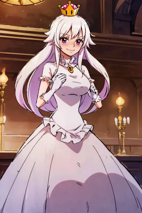 <lora:Oda_Eiichirou_Animation_Style_Dim32:0.8>, ((masterpiece,best quality)), absurdres, <lora:Boosette_Mario_Anime:0.9>, Boosette_Mario, 1girl, long hair, white hair, long white dress, ballroom dress, white gloves,  solo, smiling, blushing, looking at viewer, cowboy shot,  cinematic composition,