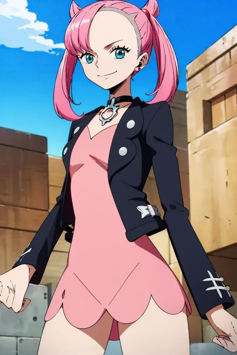 <lora:Oda_Eiichirou_Animation_Style_Dim32:0.8>, ((masterpiece,best quality)), absurdres, <lora:marnie_v1:0.7>, hmmarnie, aqua eyes, black choker, red ribbon, pink dress, jewelry, black jacket, open clothes, long sleeves, solo, smiling, looking at viewer, cowboy shot, cinematic composition, contrapposto,
