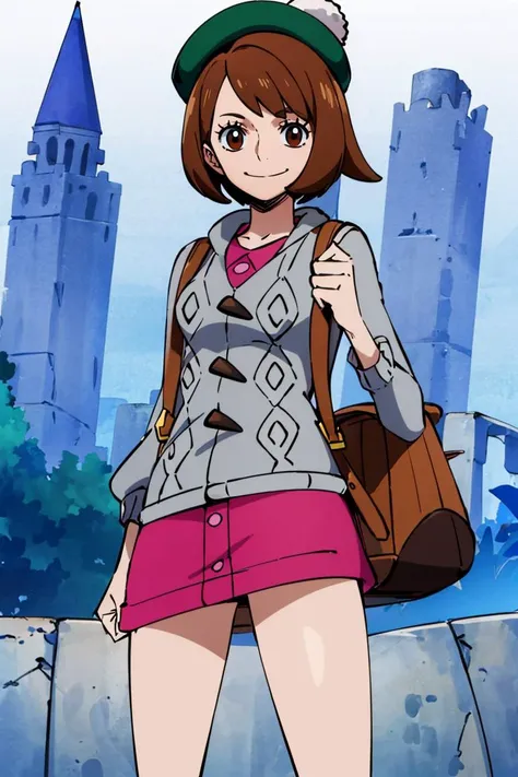 <lora:Oda_Eiichirou_Animation_Style_Dim32:0.8>, ((masterpiece,best quality)), absurdres, <lora:gloria_(pokemon)_v1:0.7>, gloria \(pokemon\), brown hair, solo, backpack, brown eyes, tam o' shanter, grey cardigan, pink dress, short hair, green socks, socks, brown bag, bob cut, bangs, long sleeves, collared dress, solo, smiling, looking at viewer, cowboy shot, cinematic composition, contrapposto,