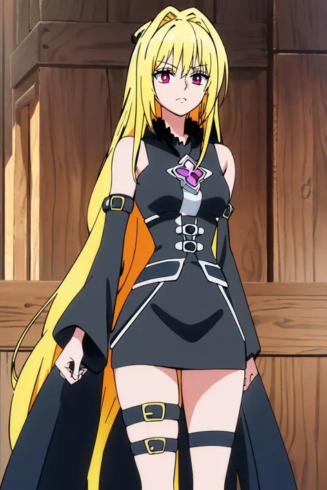 <lora:Oda_Eiichirou_Animation_Style_Dim32:0.8>, ((masterpiece,best quality)), absurdres, (finely detailed beautiful eyes: 1.2), phyami, yaminor, 1girl, solo, blonde hair, long hair, red eyes, thigh strap, very long hair, detached sleeves, black dress, <lora:yami-v1:1.0>,contrapposto