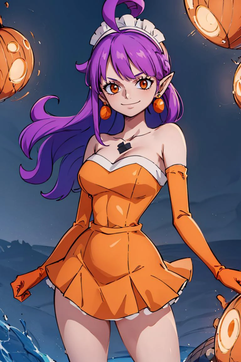 <lora:Oda_Eiichirou_Animation_Style_Dim32:0.8>, ((masterpiece,best quality)), absurdres, <lora:Stardust_Pumpkins_Citron_OC_Anime:0.8>, Stardust_Pumpkins_Citron_OC, 1girl, solo, long purple hair, orange eyes, ahoge, pointy ears, orange dress, elbow gloves, bare shoulders, maid headdress, jewelry, earrings, solo, smiling, looking at viewer, cowboy shot, cinematic composition, , contrapposto,